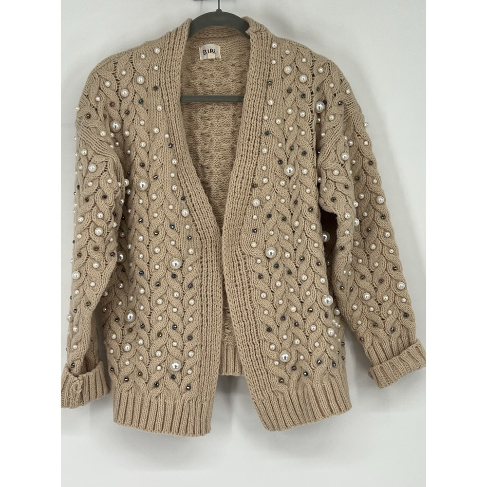 Chunky Cable Knit Cardigan Sweater w Pearls & Faceted Beads Size Medium Layers